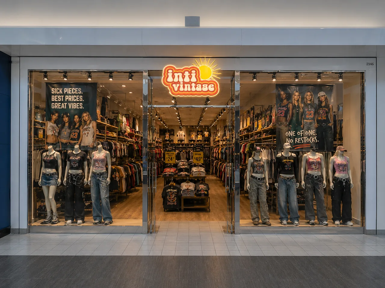 Inti Vintage Galleria at Tyler storefront mockup — wide view of the new store