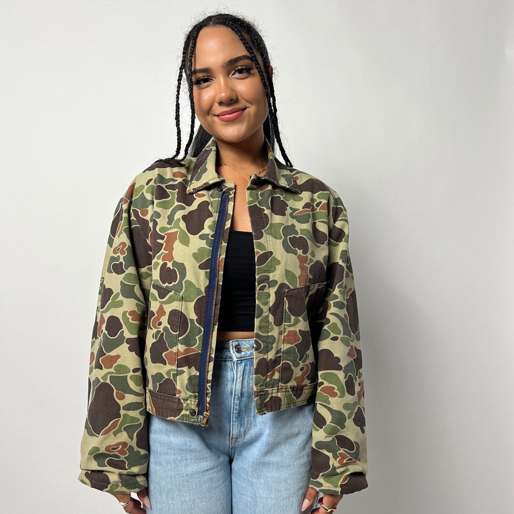 Hunting Jacket Vintage 90s Cropped Camo Print Canvas Jacket - Brown 90s Carhartt Style Canvas Workwear Bomber Jacket