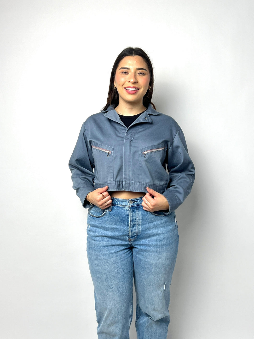 Vintage Jacket Cropped Worker Canvas Jacket - Blue Mechanic Jacket